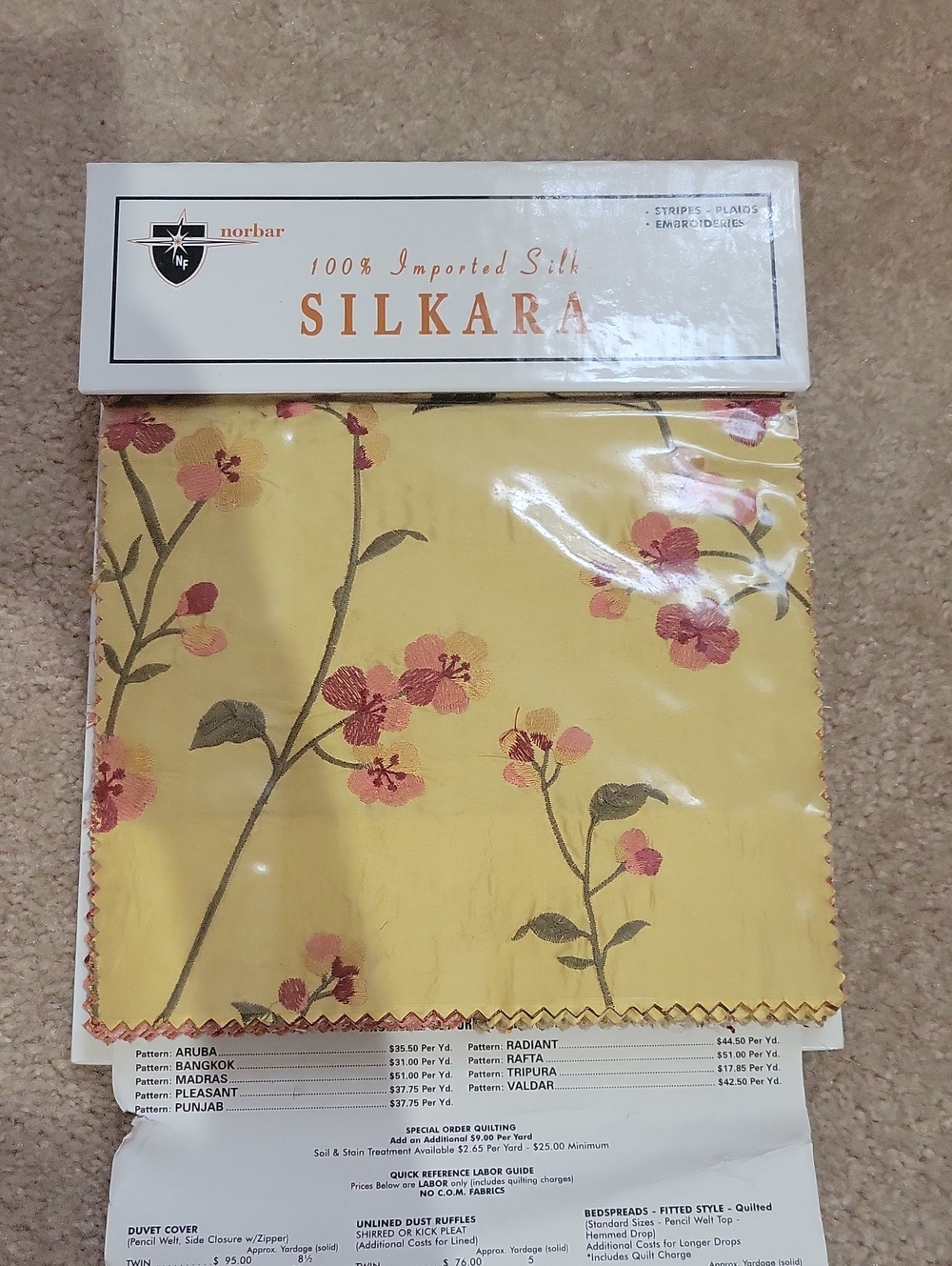Norbar SILKARA fabric swatch features a 100% imported silk
